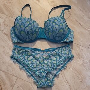 Savage X Fenty Blue and Green Lace Bra and Panty Set